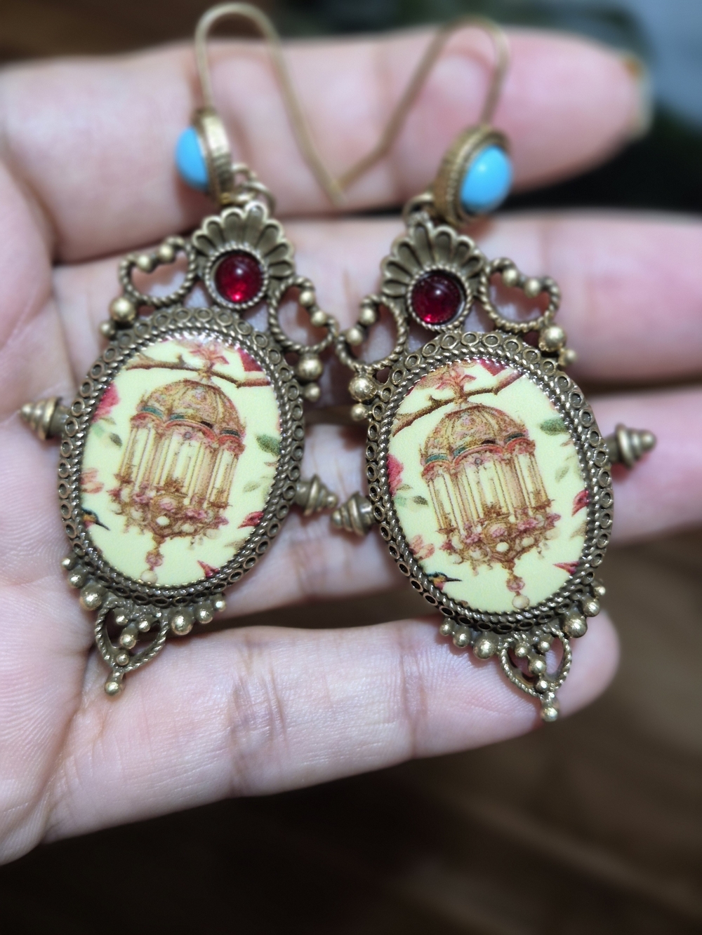 Antique-Style Yellow Cameo Drop Earrings with Red and Turquoise Accents